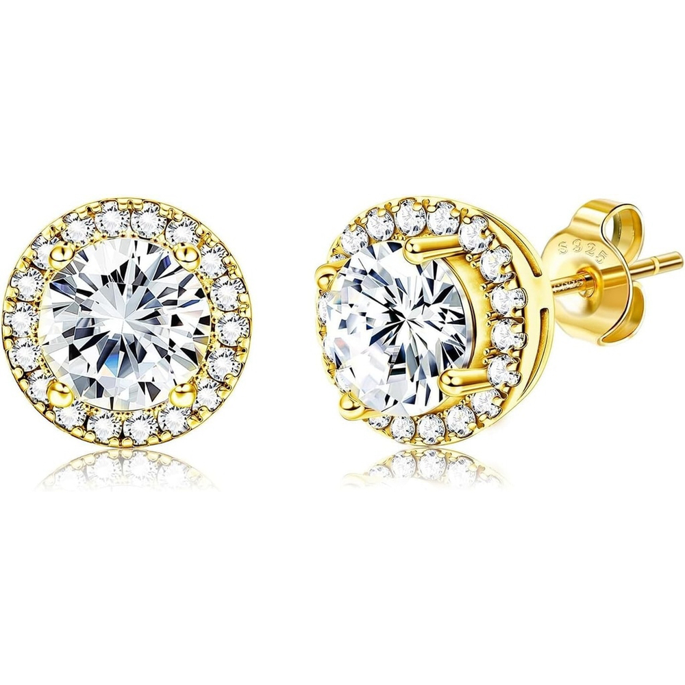 18K Gold Plated Stud Earrings with 925 Sterling Silver and Cubic Zirconia, Round